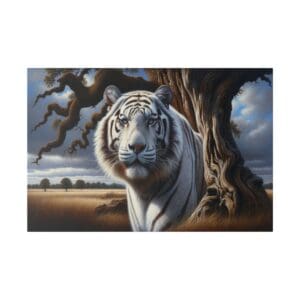 White tiger staring near a tree.