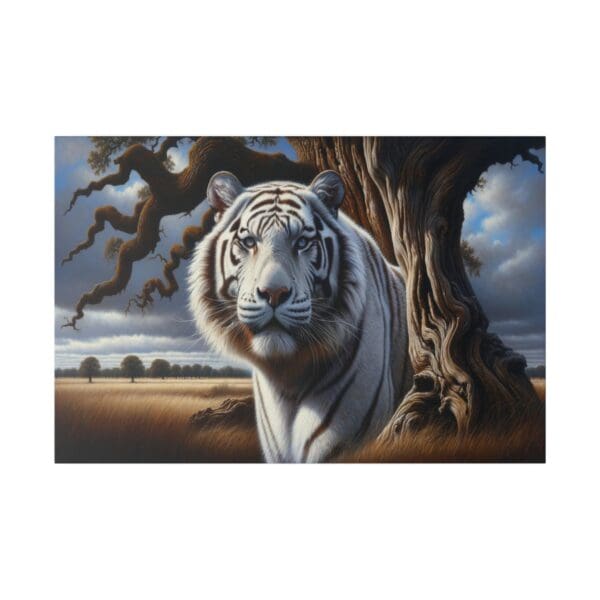 White tiger staring near a tree.