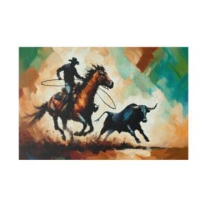 Cowboy lassoing a bull on horseback.