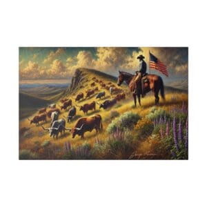 Cowboy herding cattle on grassy hill.