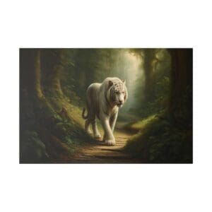 White tiger walking through a forest path.