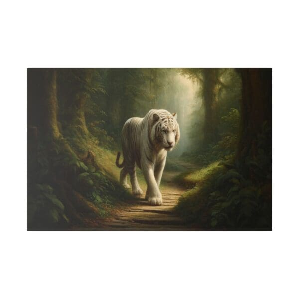 White tiger walking through a forest path.