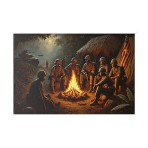 Soldiers around campfire in jungle setting.