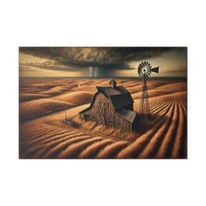 Old barn and windmill on a stormy plain.