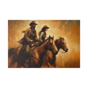 Cowboys riding horses in a western setting.