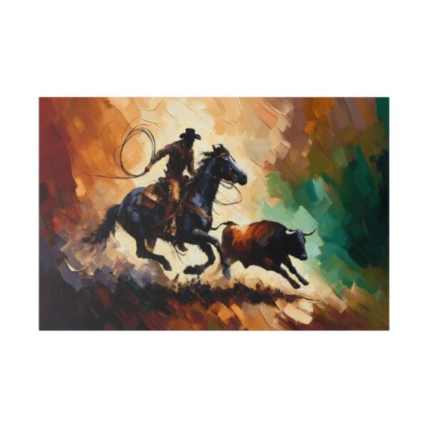 Cowboy on horseback lassoing a bull.
