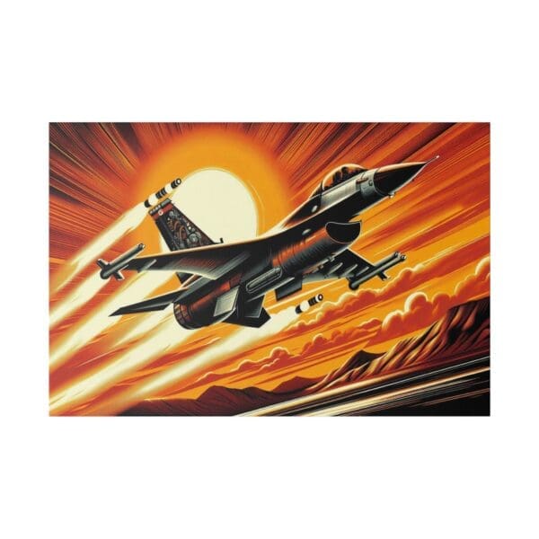 Black fighter jet flying at sunset.