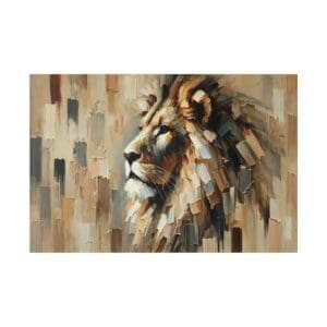 Painting of a lion's head in profile.
