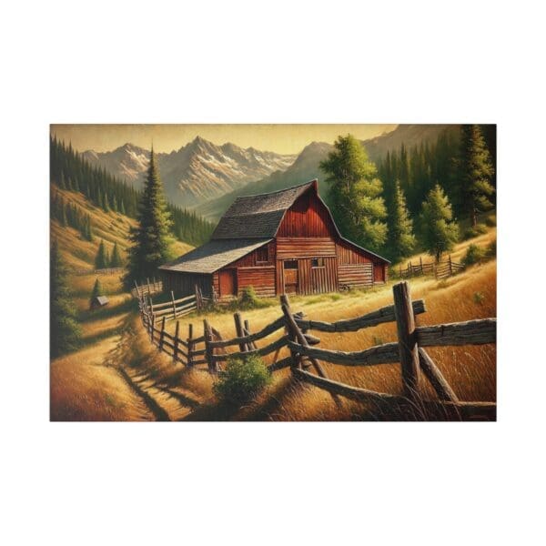 Red barn in a mountain valley with a fence.
