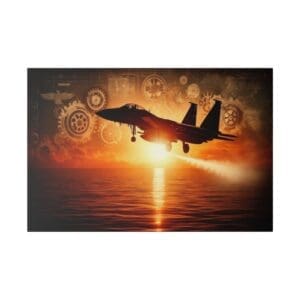 Silhouette of a fighter jet taking off at sunset.