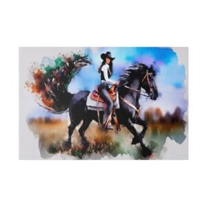 Cowgirl riding a black horse in watercolor.