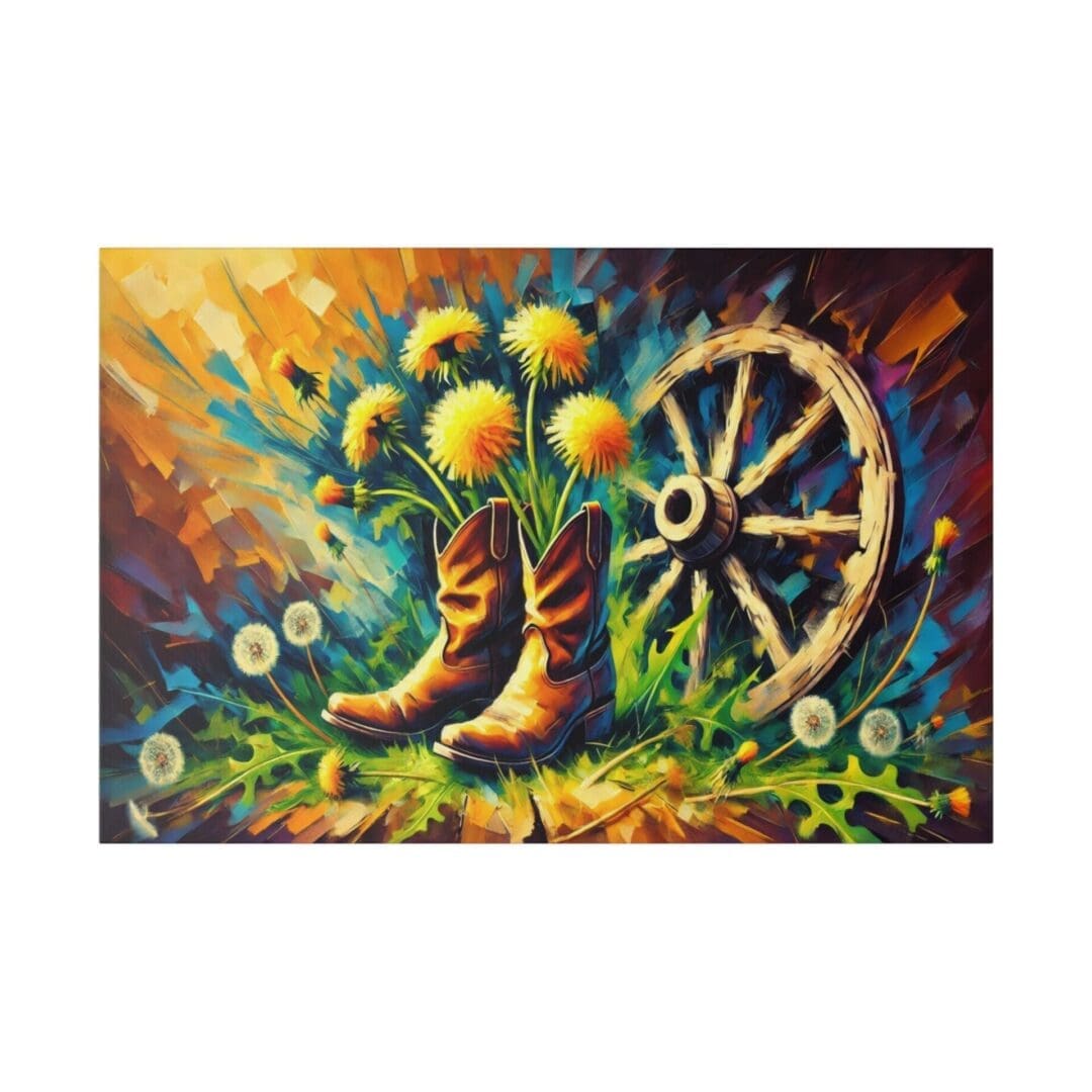 Cowboy boots, wagon wheel, and dandelions artwork.