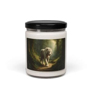 Candle jar with white tiger illustration.