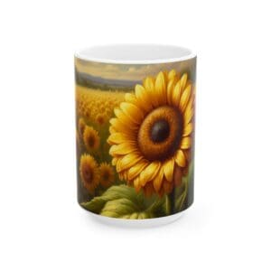 White mug featuring vibrant sunflower field design.
