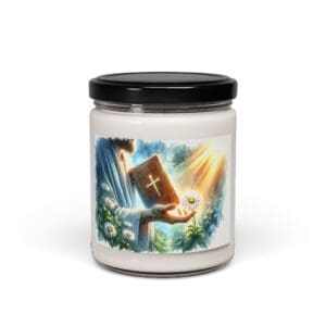 Candle jar with religious-themed label design.