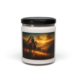 Jar with cowboy and sunset scene label.