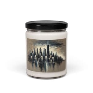 Candle jar with abstract cityscape design.