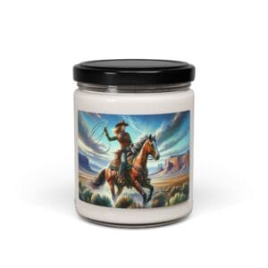 Jar with cowboy illustration and black lid.