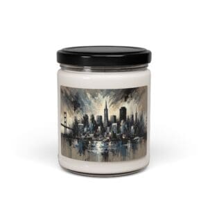 Candle jar with cityscape artwork label.