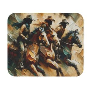 Three cowboys riding horses in abstract painting.