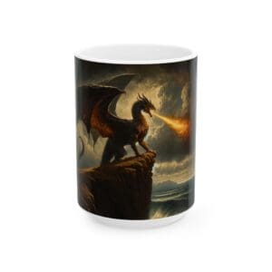 Dragon breathing fire on a cliff mug.