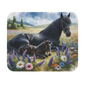 Horse and foal resting in flower field.