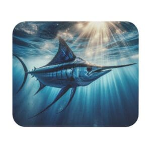 Swordfish swimming under sunlight in ocean.