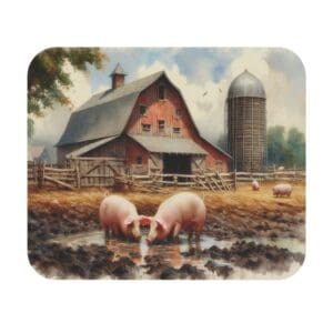 Pigs in mud near barn and silo.