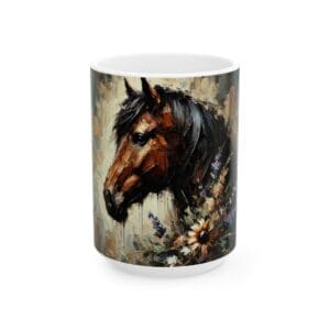 Horse painting on ceramic mug with flowers.