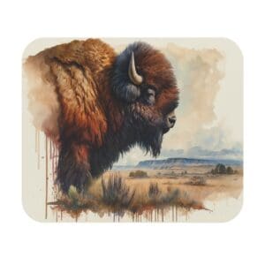 Bison watercolor painting in natural landscape.