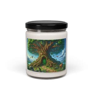 Candle jar with magical tree illustration.