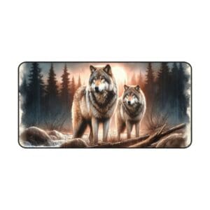 Two wolves standing in a forest.