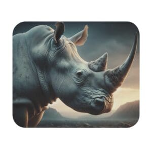 Rhino in sunset landscape, side view.