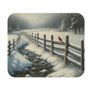 Snowy landscape with cardinal on fence.