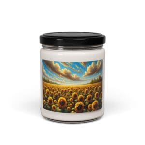 Candle jar with sunflower field label.