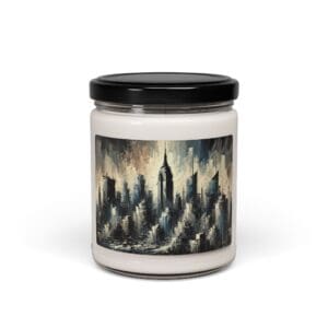 Candle with cityscape design on label.