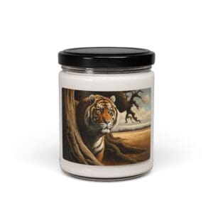 Jar candle featuring a tiger illustration.