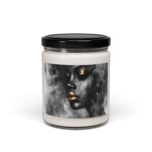 Candle jar with abstract face artwork.