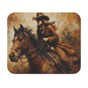Cowboy riding a horse in painting.