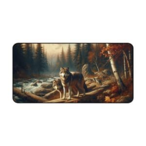 Wolves standing by a forest stream.