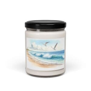Candle jar with beach scene illustration.
