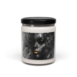 Candle jar with abstract face design label.