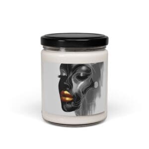 Candle jar with abstract face design label.