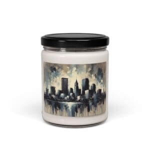 Candle with abstract cityscape label design.