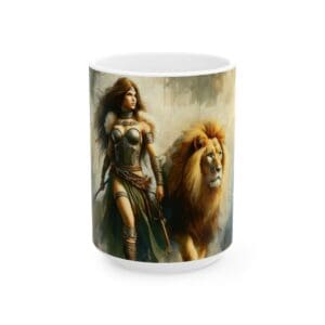 Warrior woman and lion on a mug.