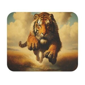 Tiger leaping in a grassy landscape.