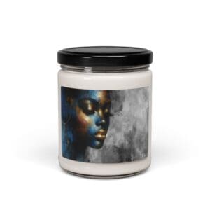 Candle jar with artistic face design label.