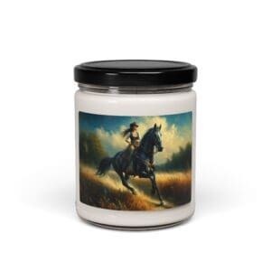 Candle jar with horse riding artwork.