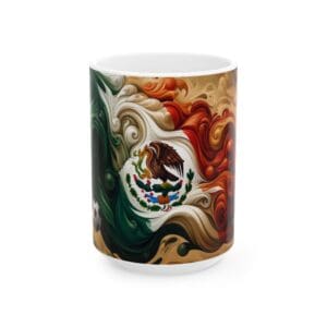 Mexican flag-themed mug with artistic design.