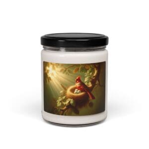 Candle jar with bird nest illustration.